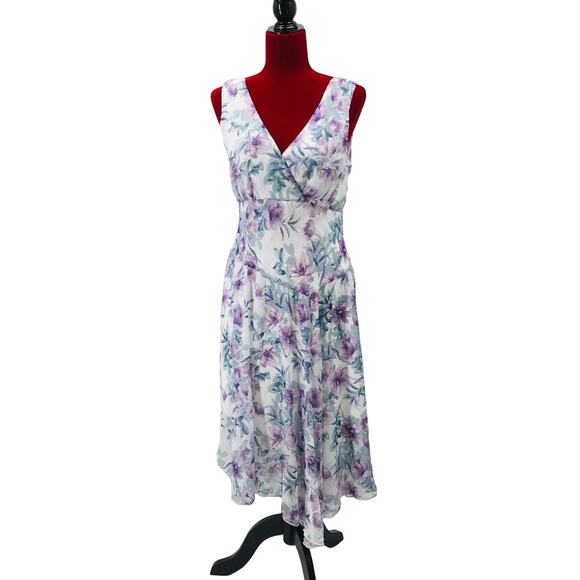 CONNECTED APPAREL 8p petite floral ivory purple asymmetrical dress NWT  B131 - Picture 1 of 7